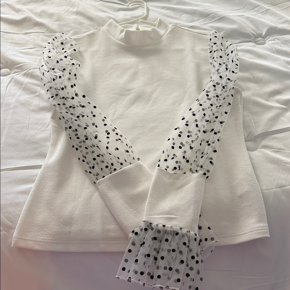 SHEIN White Blouse with Polka Dot Sleeves